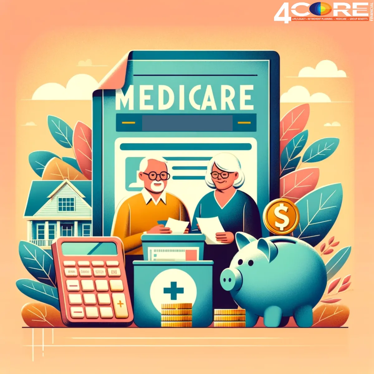 Cover image for a Medicare annuity blog, featuring symbols of Medicare like a card, financial items including annuity contracts, a calculator, and a piggy bank. The background shows a happy retired couple reviewing documents, set against a serene retirement home. The overall color palette is calming, conveying stability and security in financial planning for healthcare in retirement.
