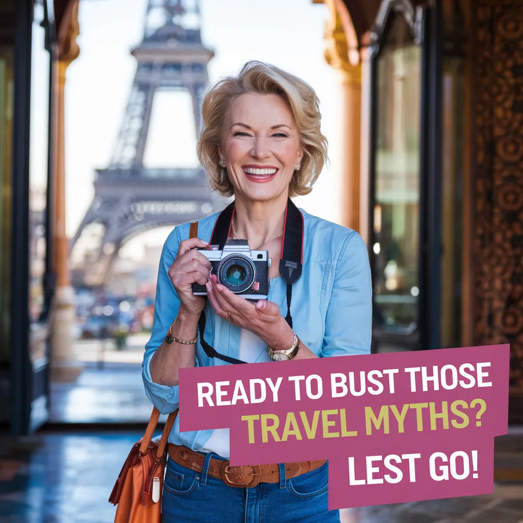 Woman holding a camera in front of the Eiffel Tower