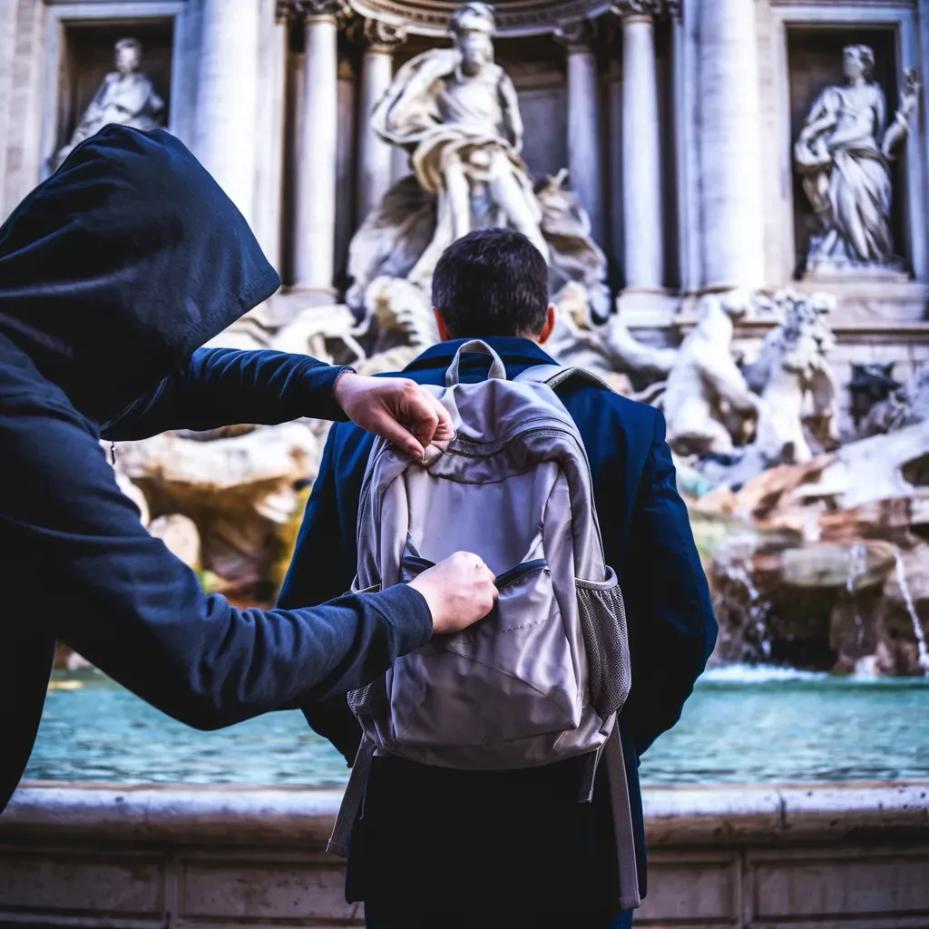 pickpocket unzipping a backpack