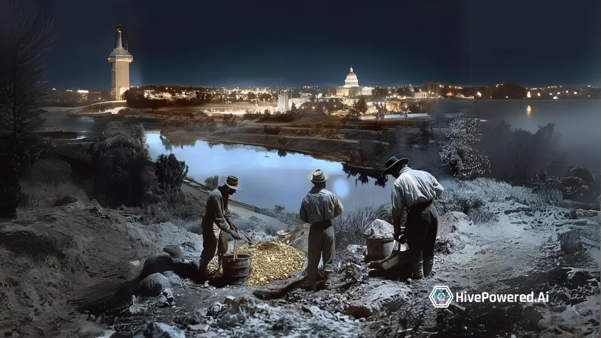 A historic scene of Sacramento during the Gold Rush era, featuring prospectors panning for gold along the river with the rapidly growing city in the background. Bustling streets are lined with early businesses and vibrant activity, while Sutter’s Mill and the California State Capitol under construction are prominent landmarks. The atmosphere captures the excitement, opportunity, and transformation of Sacramento as it boomed into a thriving city