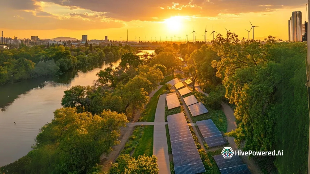 Scenic view of Sacramento’s American River Parkway with tree-lined bike trails, solar panels, wind turbines, and people enjoying nature, highlighting the city’s sustainability efforts and commitment to renewable energy.