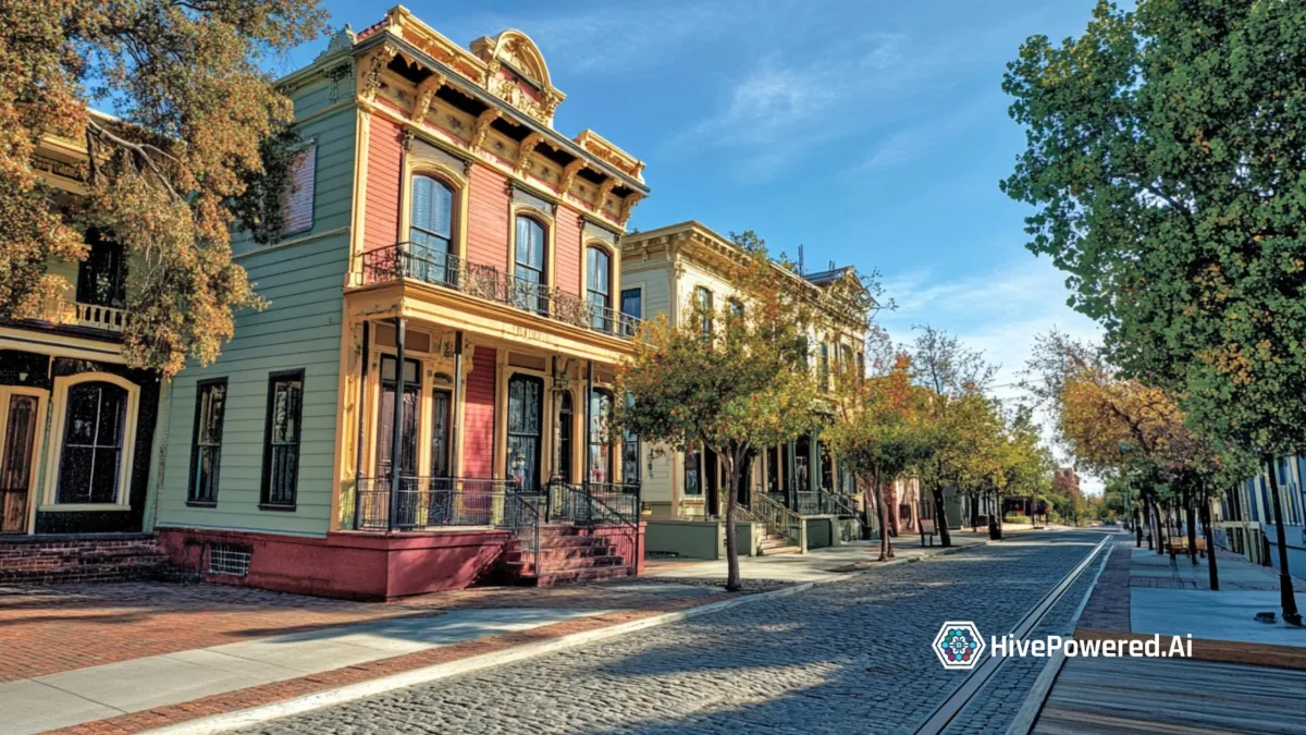 A blend of Sacramento’s historic architecture featuring Greek Revival, Italianate, and Victorian styles from the Gold Rush era. Iconic structures with grand columns, ornate details, and cobblestone streets, set against the Sacramento River at sunset.
