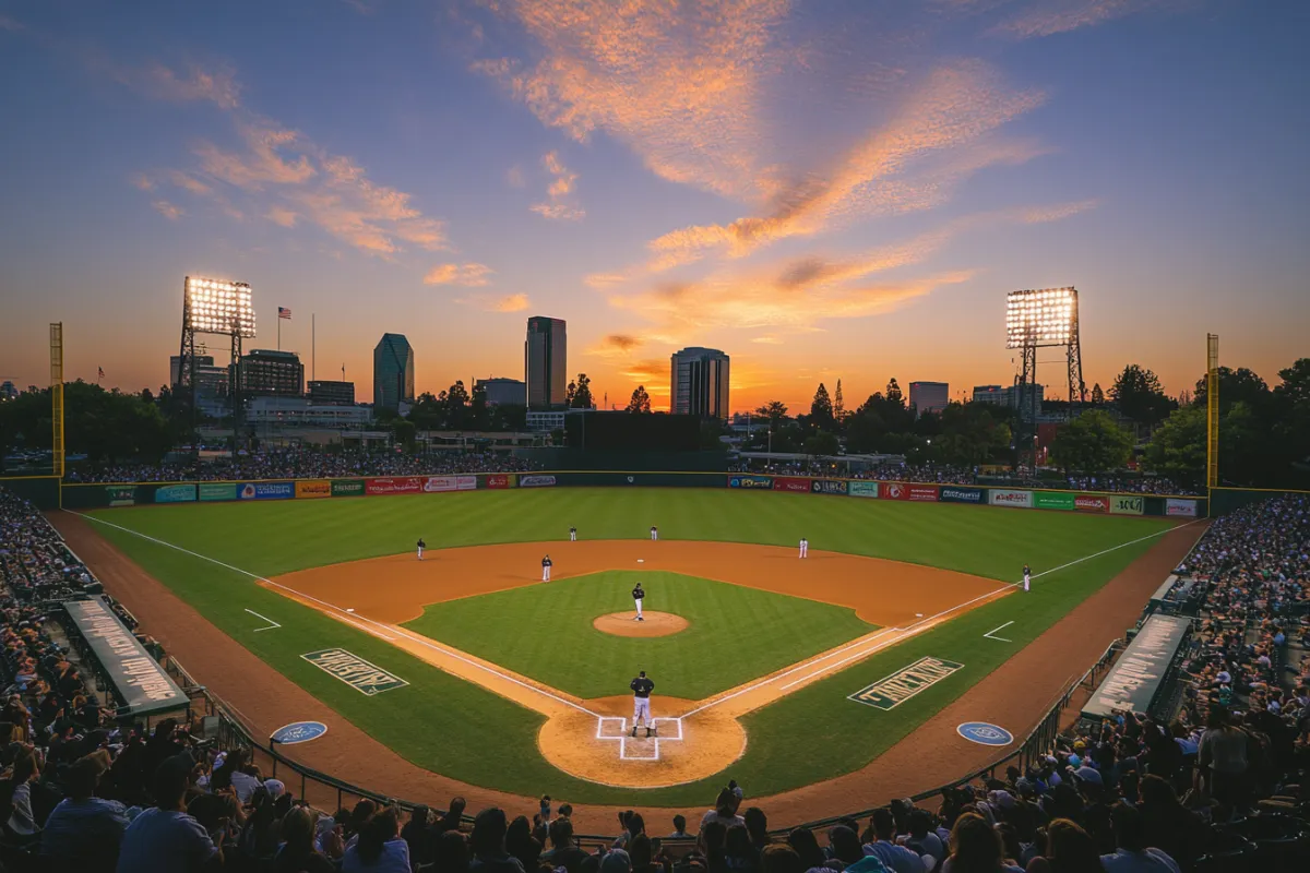 An energetic evening baseball game at Sutter Health Park in Sacramento, showcasing the Sacramento River Cats in action with fans cheering and the city skyline visible in the background, capturing the spirit of community and local pride