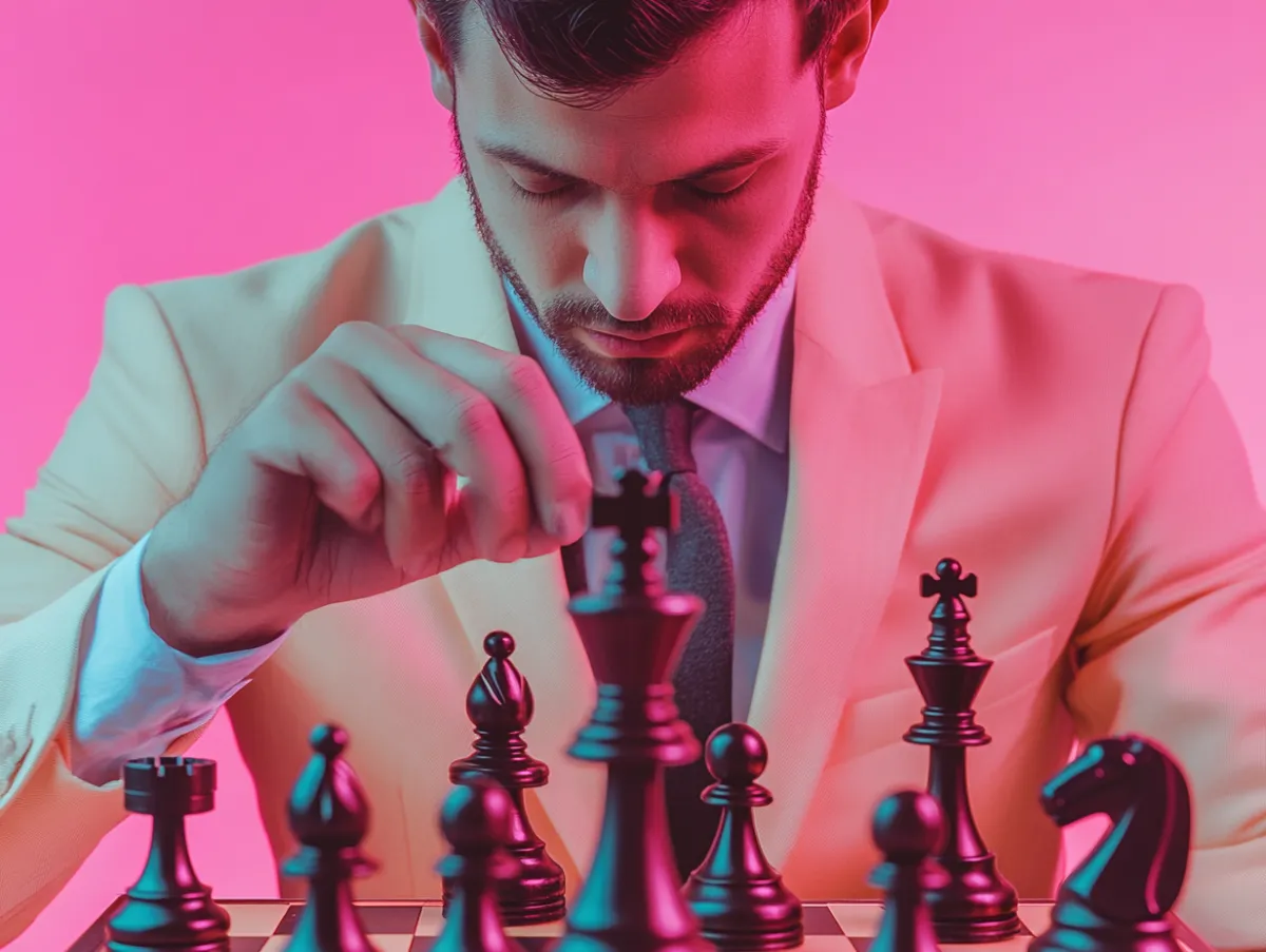 Strategic businessman in a suit intensely playing chess, symbolizing critical thinking, leadership, and decision-making in business strategy, set against a bold pink background.