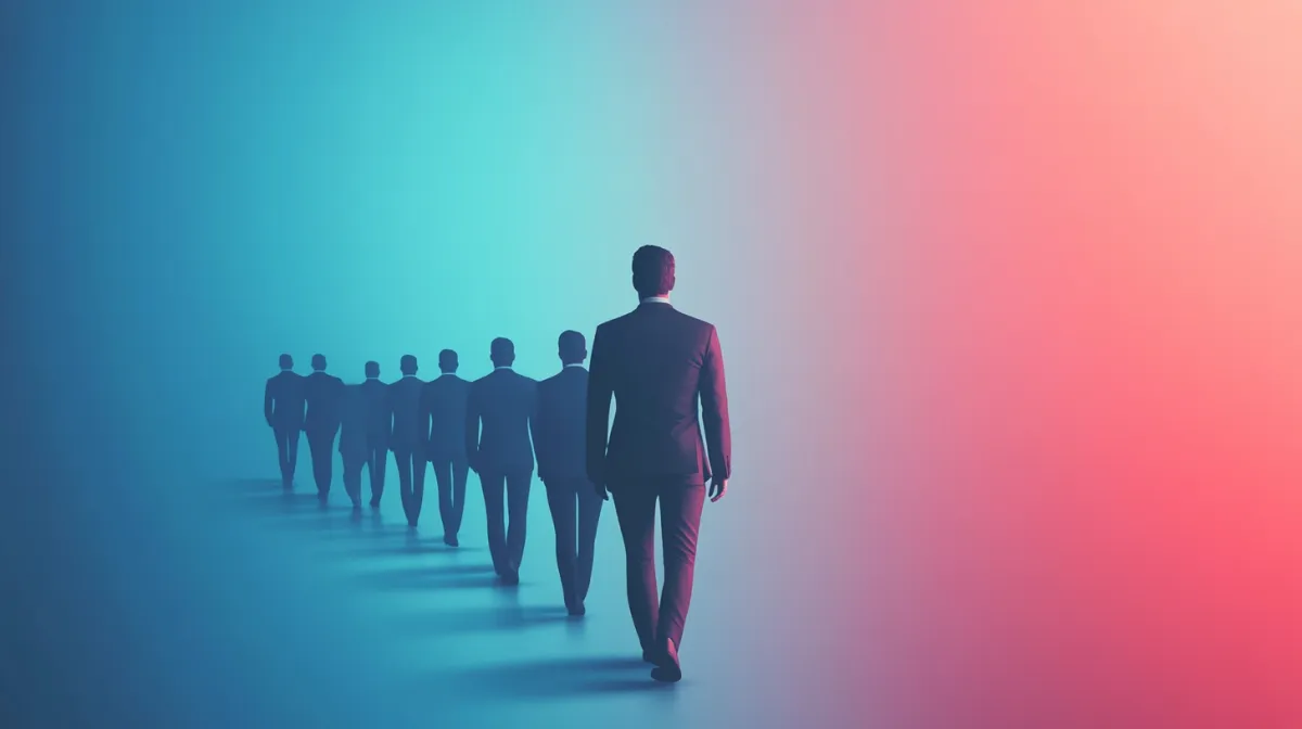 A business leader walking forward with confidence, followed by a group of professionals, symbolizing leadership and influence. The background features a gradient of blue and pink tones, creating a striking visual contrast.