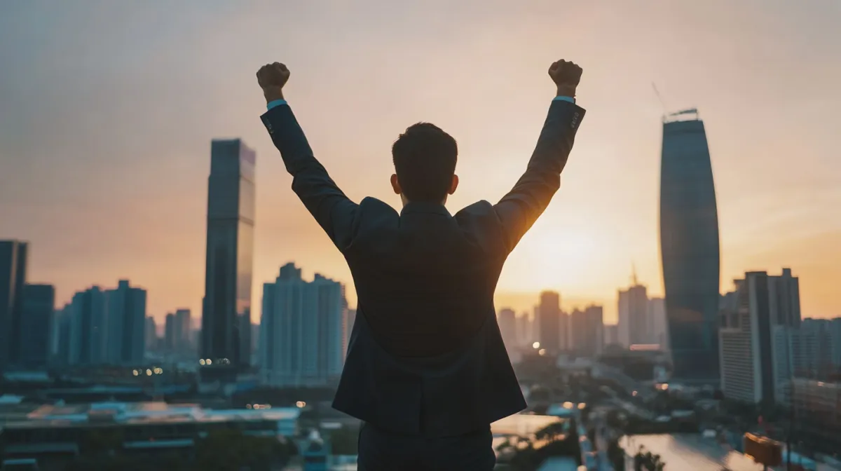A businessman in a suit stands with his back to the camera, raising his arms in victory against a city skyline at sunset, symbolizing success, ambition, and achievement.
