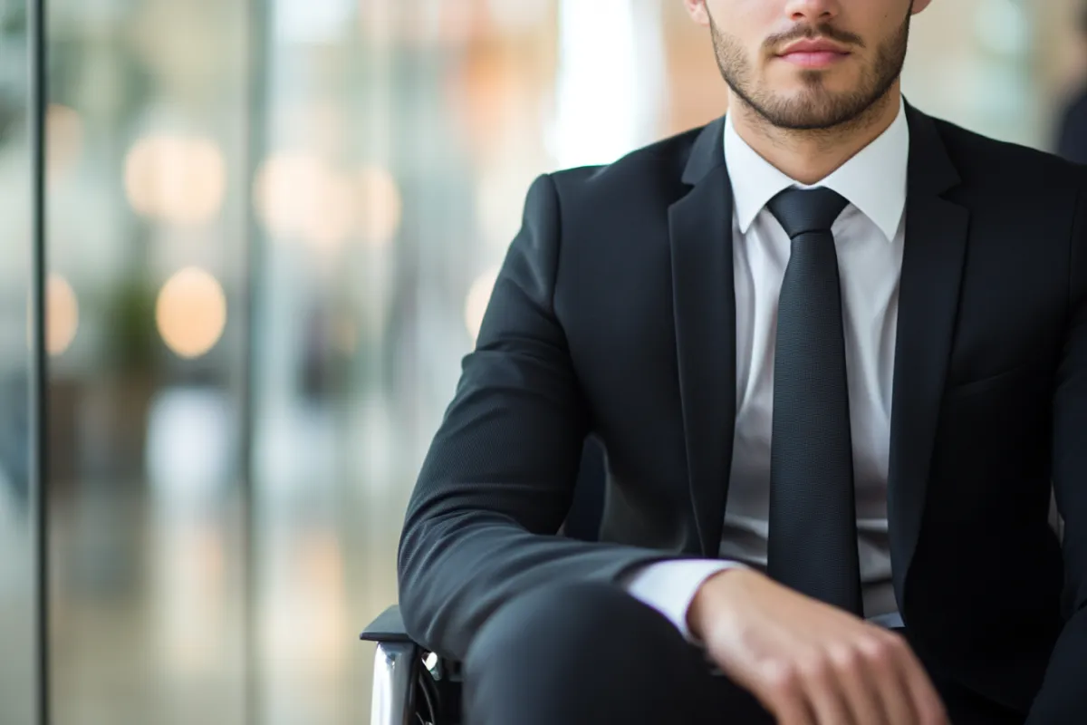 A confident and well-dressed man in a black suit and tie sitting in a professional setting, conveying a poised and determined presence.