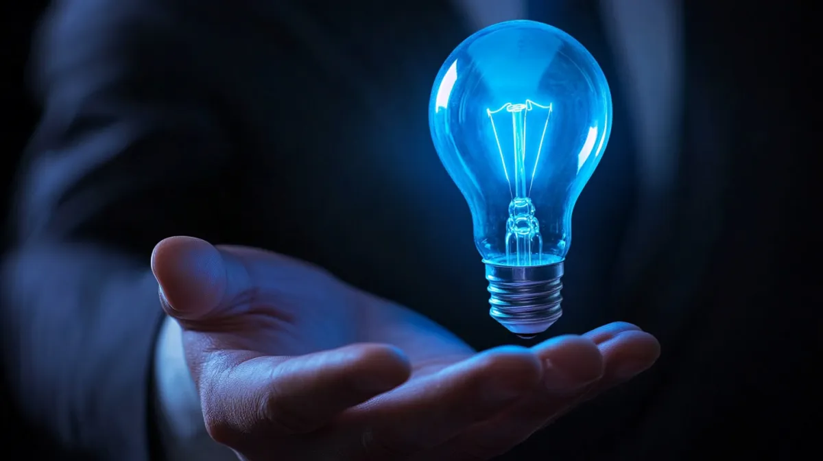 A glowing blue light bulb levitates above an outstretched hand, symbolizing innovation, creativity, and the power of ideas. The dark background enhances the futuristic feel, making it a striking visual representation of visionary thinking and breakthrough concepts in business and technology.