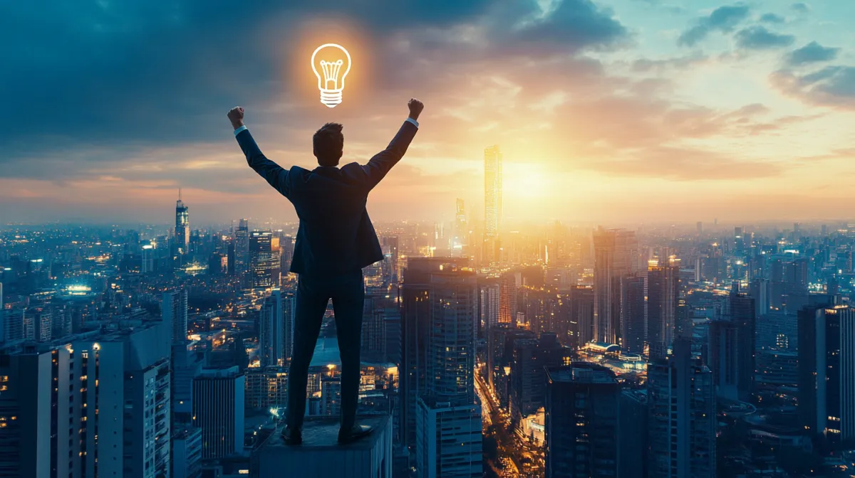 A businessman stands triumphantly on the edge of a skyscraper, overlooking a vast city skyline at sunset. A glowing light bulb hovers above him, symbolizing a breakthrough idea or a moment of inspiration. This image represents success, innovation, and the power of visionary thinking in the business world