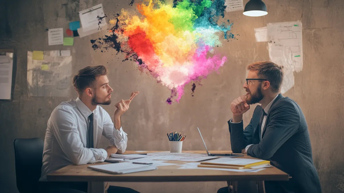 Two businessmen in a creative brainstorming session, visualizing a vibrant explosion of colorful ideas. The abstract artistic concept represents innovation, collaboration, and out-of-the-box thinking in business strategy. A dynamic scene illustrating the power of creative problem-solving in a modern workspace.