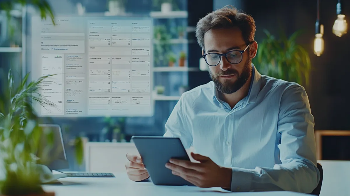 Business owner using a digital tablet in a modern office with a floating task dashboard display, symbolizing automation and productivity tools.