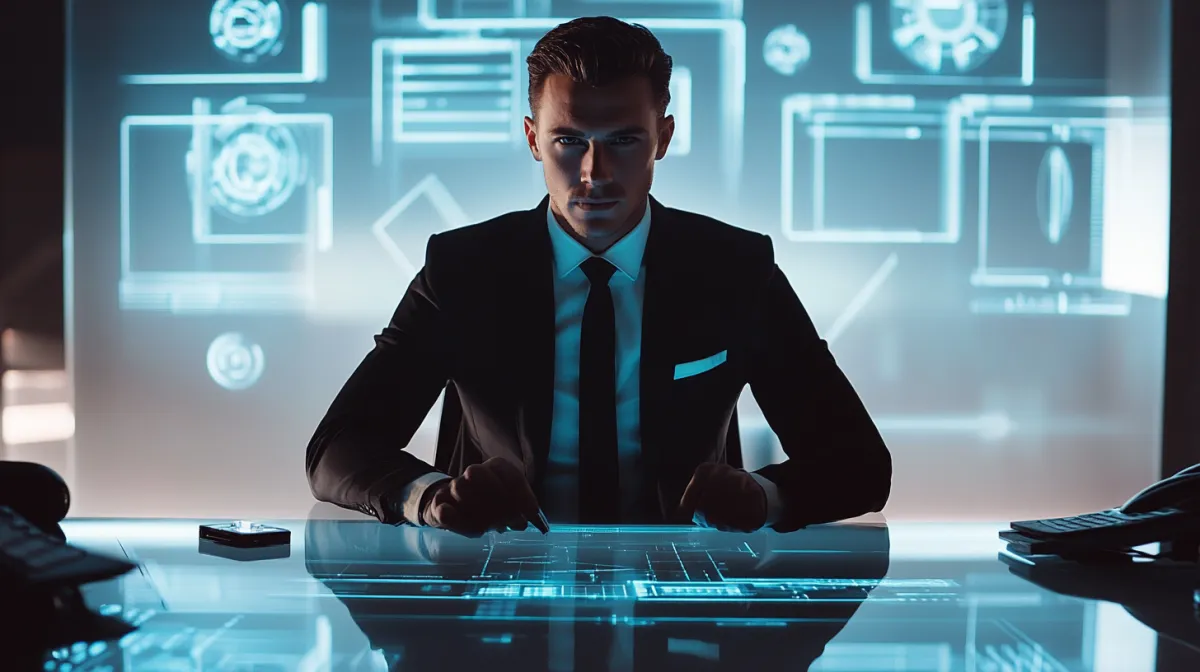 Confident businessman in a dark suit sitting at a futuristic digital interface desk, surrounded by glowing blue holographic data panels in a high-tech office.