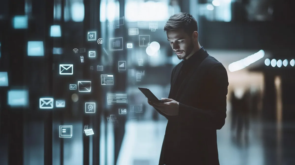 Businessman in a dark modern space using a tablet, surrounded by glowing digital icons representing email, analytics, and data, symbolizing futuristic communication and productivity.