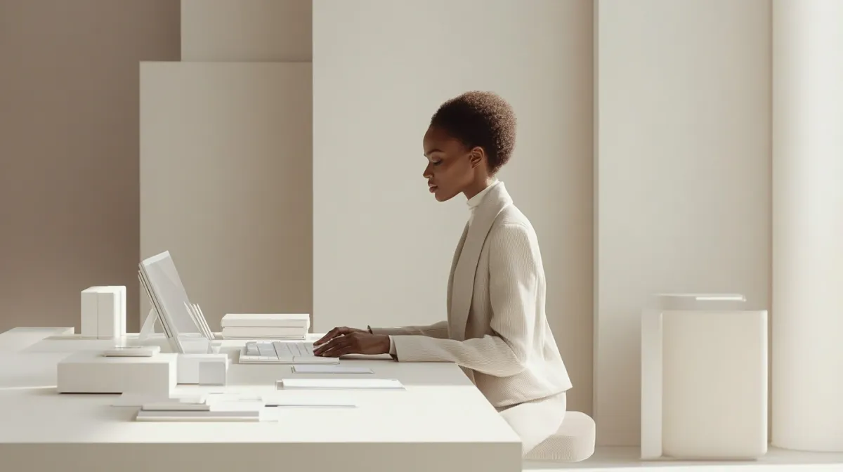 Elegant businesswoman in a cream-colored suit working at a minimalist white desk in a high-fashion office space with modern, clean lines and neutral tones.
