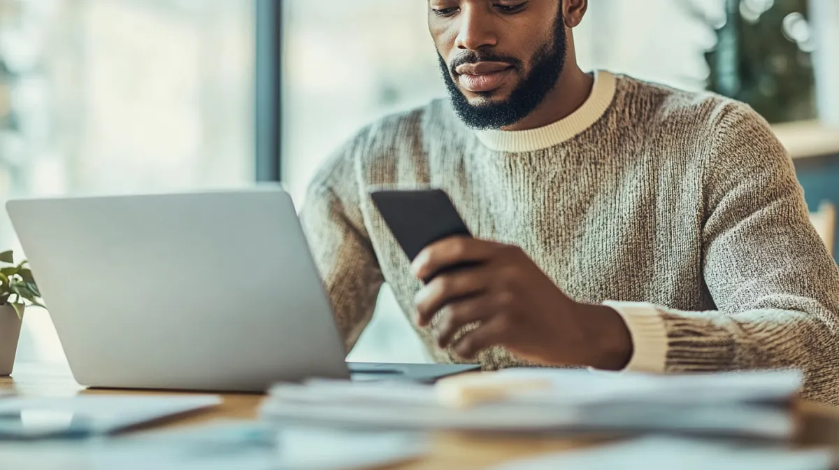 Businessman in a cozy modern office using a smartphone while working on a laptop, representing small business operations streamlined with AI tools and digital communication platforms.