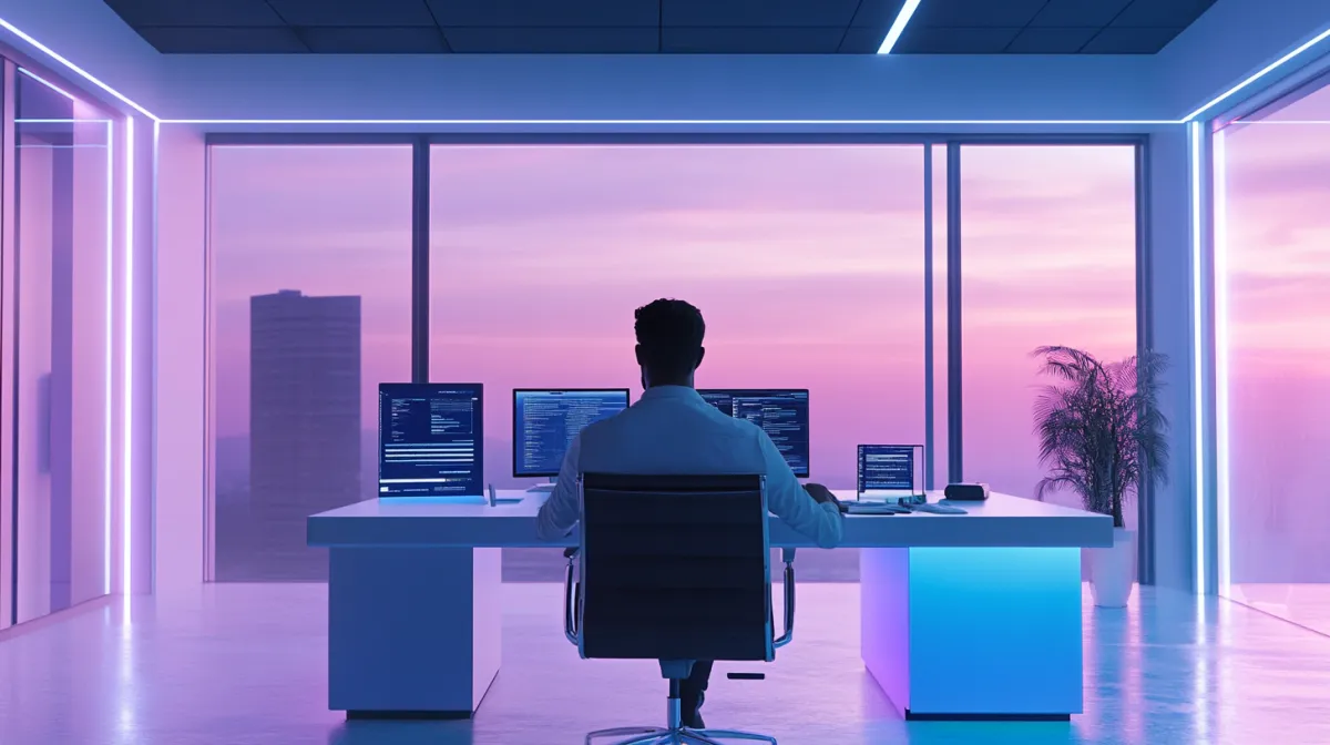 Silhouetted professional working at a high-tech desk with multiple screens in a chromatic minimalist office, overlooking a futuristic cityscape at sunset.