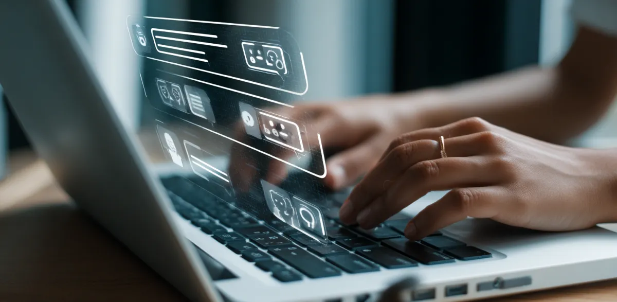 Close-up of a person typing on a laptop keyboard with futuristic holographic chat interface icons floating above the screen, symbolizing AI-driven communication.