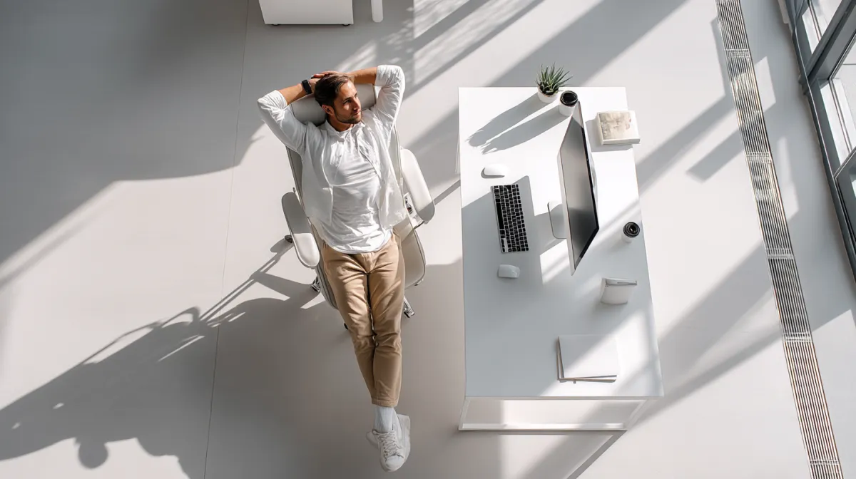 Bird’s-eye view of a relaxed professional man leaning back in a chair in a modern, minimalistic white office, with sunlight streaming through large windows.