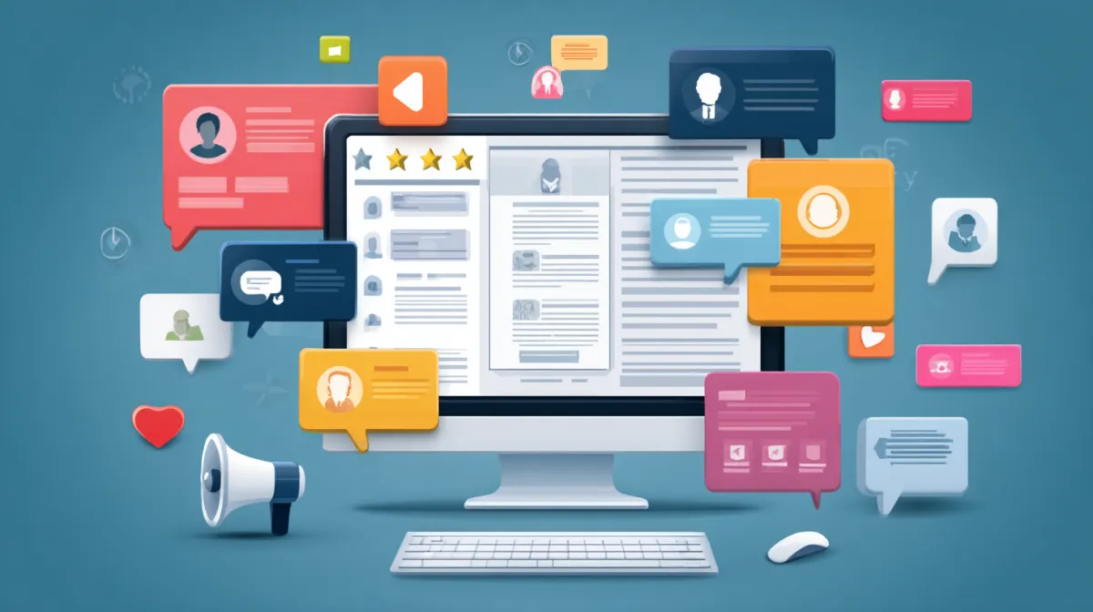 A digital illustration of an online reputation management system showing a computer screen surrounded by colorful speech bubbles with user profiles, reviews, messages, and engagement icons, representing customer feedback and social media interactions.