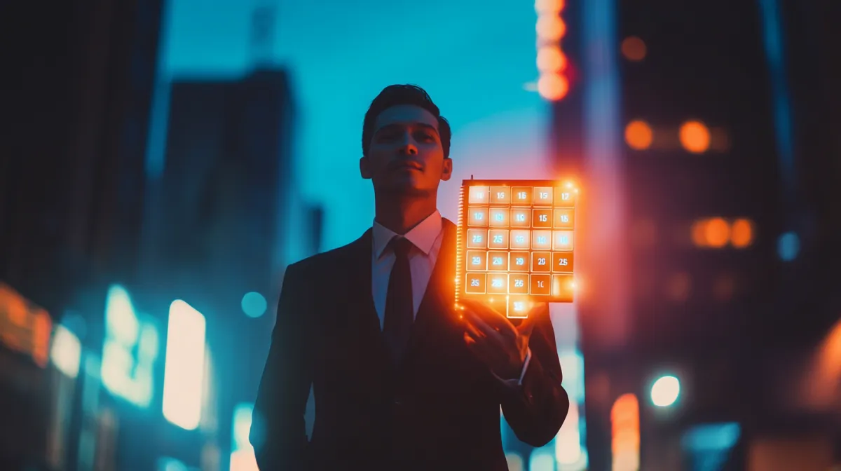 Confident businessman in a suit stands in a neon-lit cityscape at dusk, holding a glowing futuristic calendar interface, symbolizing AI-driven scheduling and productivity.