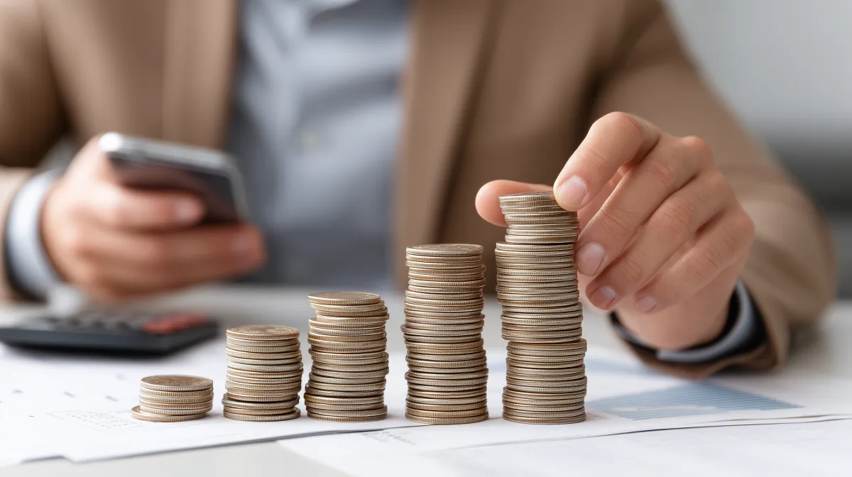 Close-up of a person in business attire stacking coins into ascending piles on a desk, symbolizing financial growth, with a smartphone and financial documents in the background.