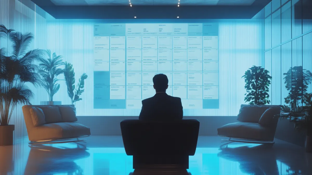 Silhouette of a person seated in a sleek, modern office lounge viewing a large illuminated digital calendar or dashboard on a wall-sized screen, surrounded by indoor plants and ambient lighting.