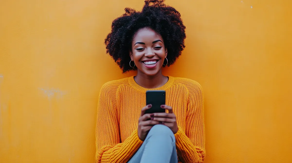 Smiling person in a bright yellow sweater sitting against a vibrant yellow wall, looking at a smartphone, conveying happiness and digital engagement.