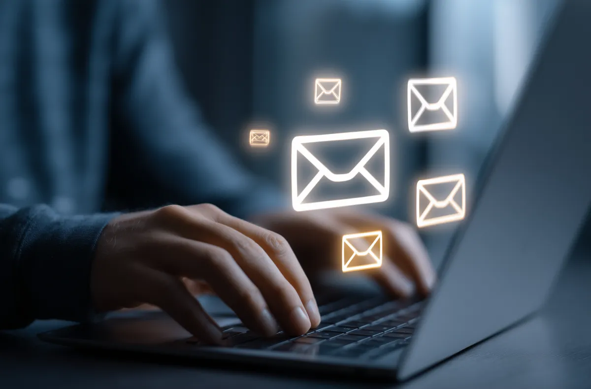Close-up of hands typing on a laptop keyboard with glowing email icons hovering above, symbolizing digital communication and email marketing.