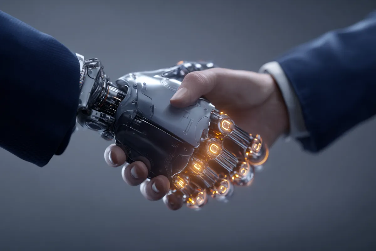 Close-up of a handshake between a human and a robotic hand, symbolizing AI collaboration and futuristic technology partnerships.