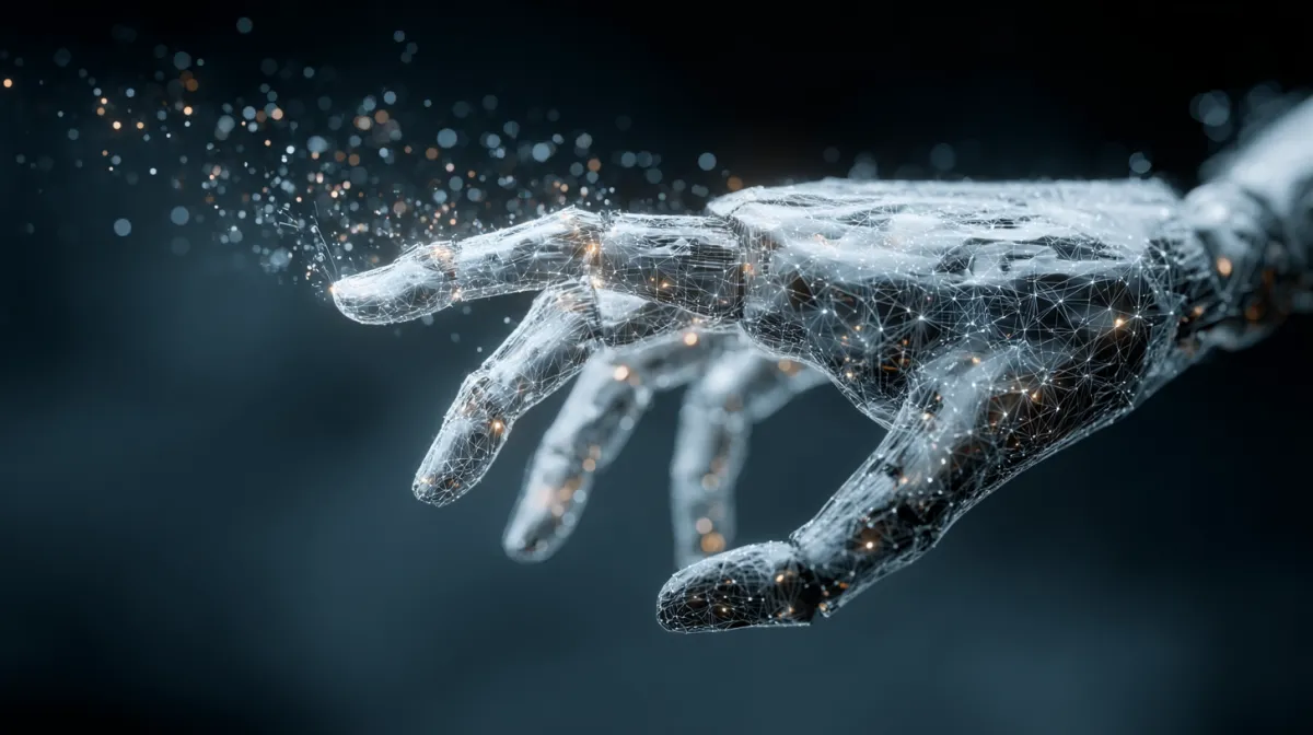 Futuristic digital robot hand made of glowing network connections, reaching out in a dark tech-themed environment, symbolizing advanced artificial intelligence and neural networks.