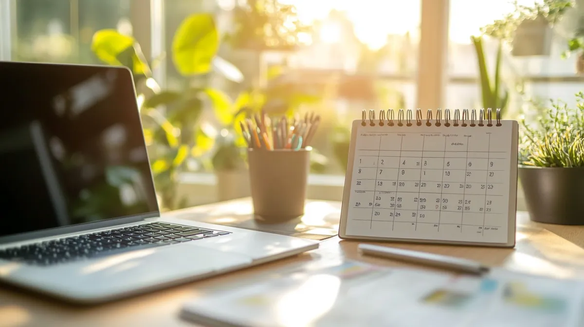 Close-up of a modern workspace with a laptop, desk calendar, and colorful pencils by the window, bathed in natural sunlight and surrounded by indoor plants, symbolizing productivity and planning.