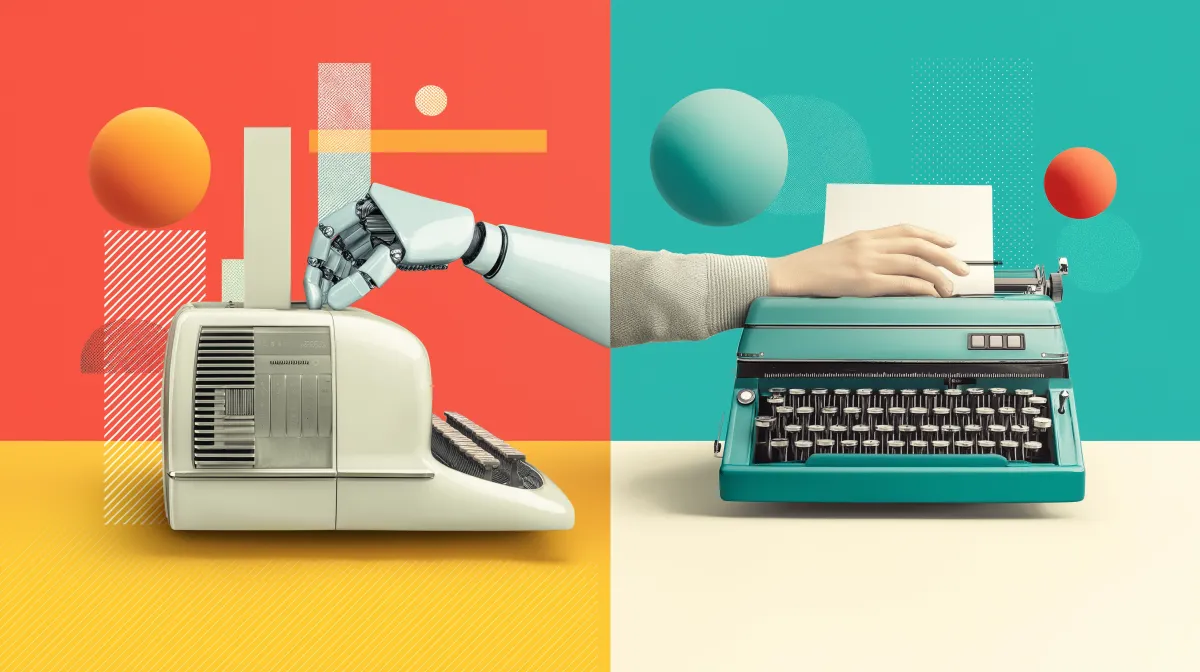 Split-screen concept art showing a robotic arm using a vintage calculator on one side and a human hand using a classic typewriter on the other, symbolizing the contrast between AI automation and traditional human work.