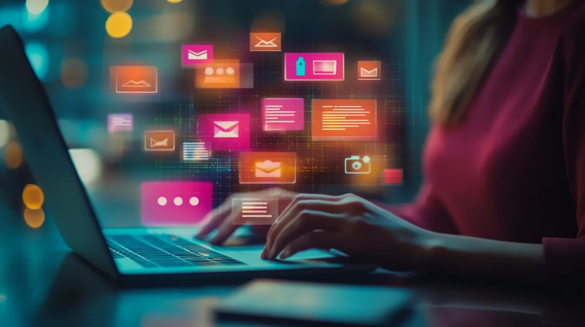Woman typing on a laptop with colorful digital icons representing email, SMS, social media, and media files floating above the keyboard, symbolizing marketing automation.