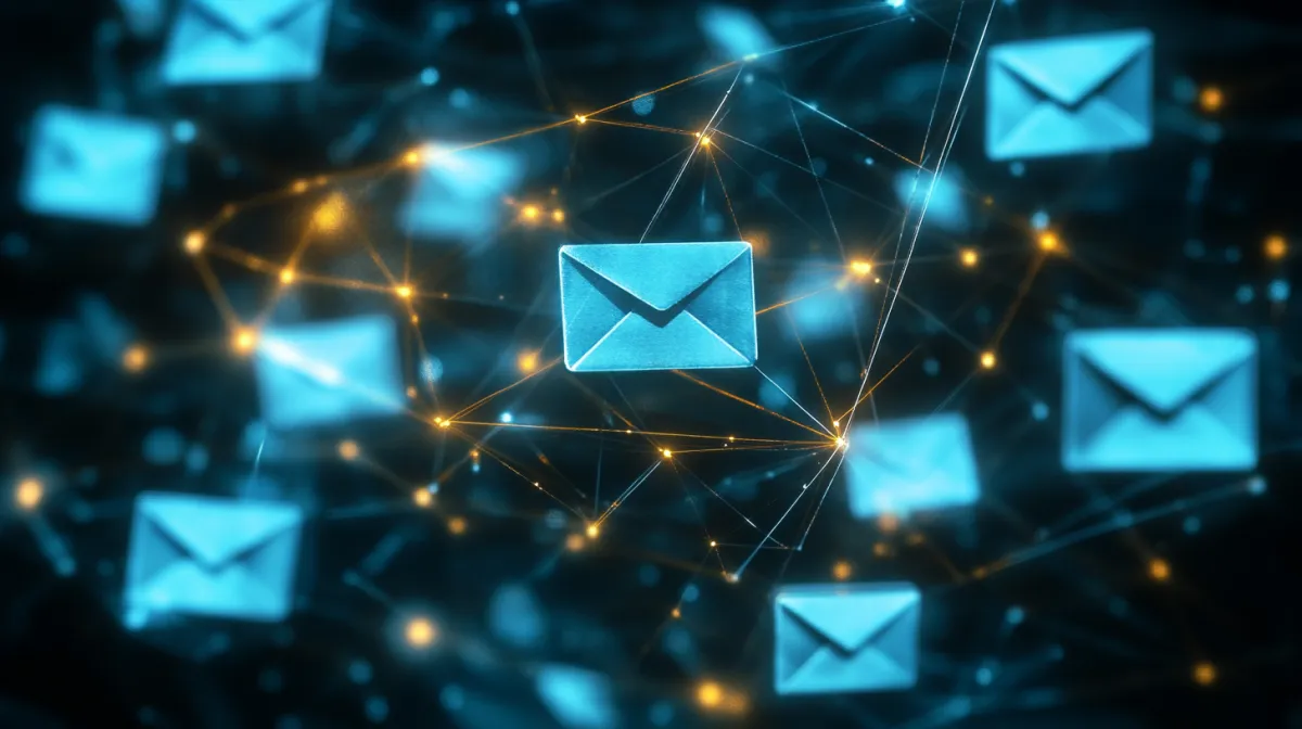 3D render of glowing email icons connected by digital nodes and golden lines, symbolizing scalable email marketing automation and CRM systems.