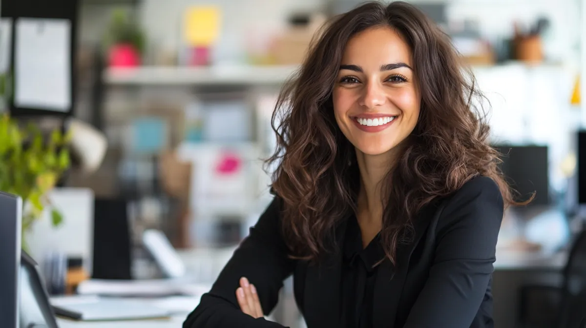 Confident businesswoman with curly hair smiling in a modern office, symbolizing leadership, success, and professional growth in the workplace.