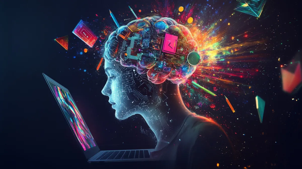 Futuristic illustration of a human profile facing a laptop, with a vibrant, glowing brain composed of circuits and digital elements, symbolizing artificial intelligence, creativity, and technology integration.