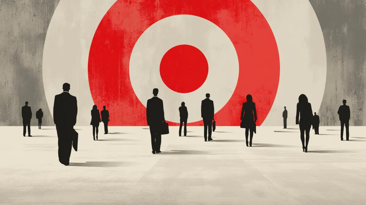 Silhouettes of business professionals walking toward a large red target symbol, representing target audience or marketing focus.
