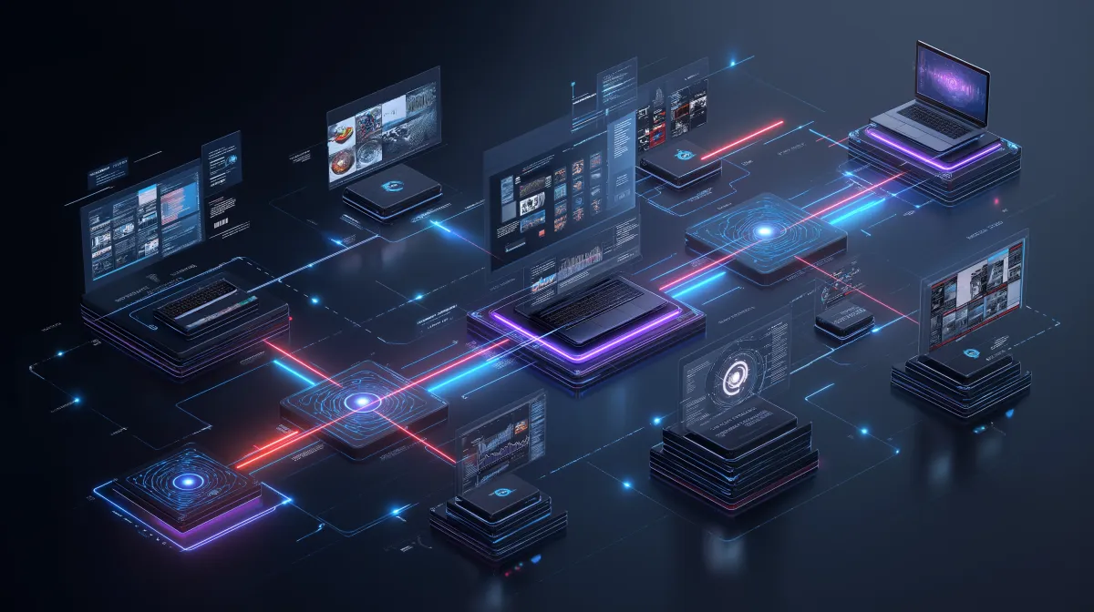 Advanced digital interface showing interconnected devices and data streams, representing AI-powered content creation, data integration, and automation workflows.