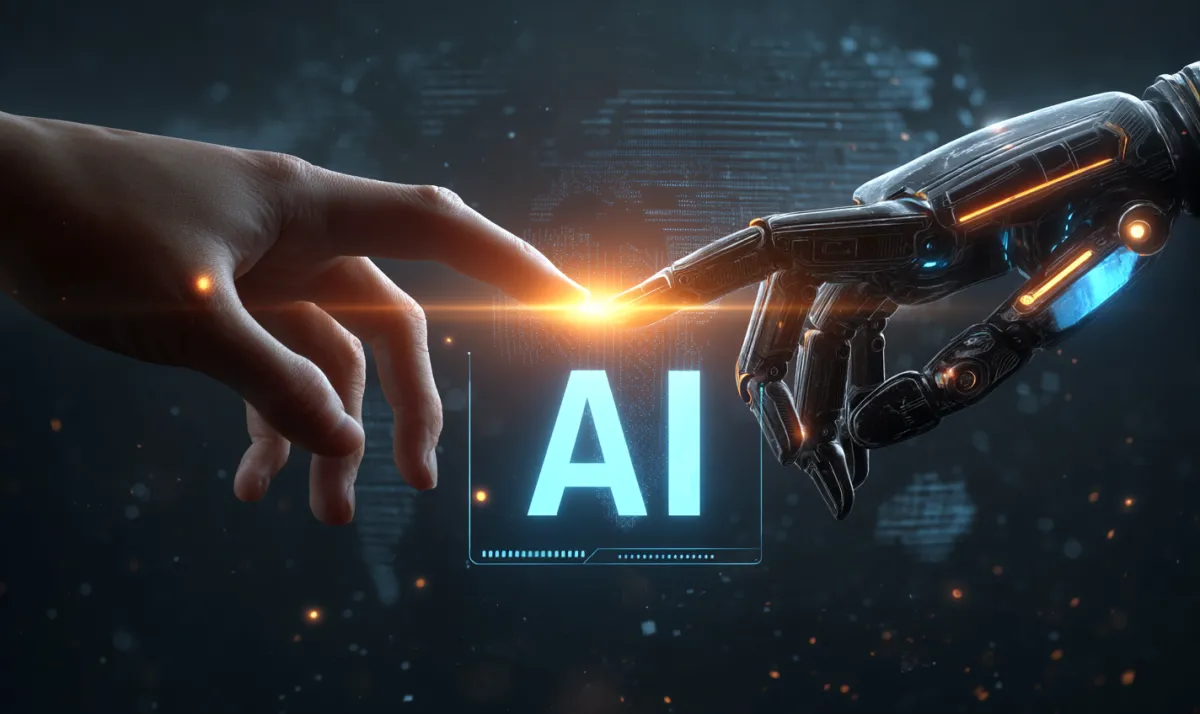 Futuristic digital concept of artificial intelligence showing a human hand reaching toward a robotic hand, symbolizing the collaboration between humans and AI technology with glowing text ‘AI’ in the background.”