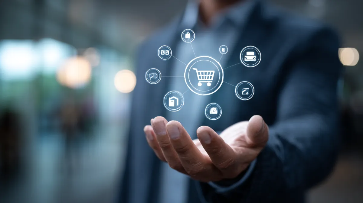 Businessman presenting a digital omnichannel shopping interface with interconnected icons, symbolizing seamless e-commerce integration and customer experience.