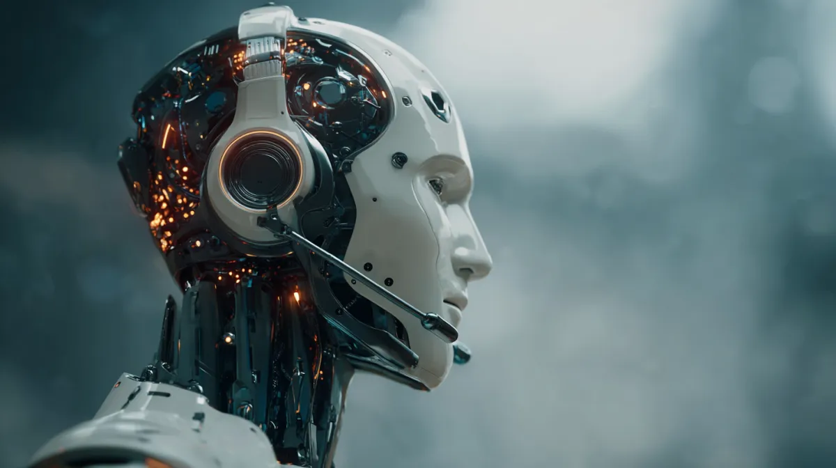 Close-up of a futuristic humanoid robot with headset and glowing circuits, representing AI-powered customer support, recruitment, and call center automation.
