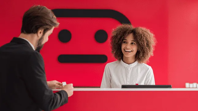 Smiling front desk receptionist handing an item to a male customer in a modern red-themed office lobby, symbolizing friendly customer service and professional hospitality.