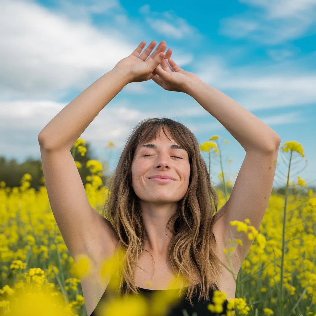 Woman basking in sunshine in field of yellow flowers
