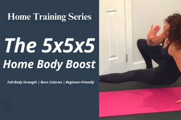 Woman performing bodyweight exercise at home, representing the NSH FIT 5×5×5 Home Body Boost program for strength, energy, and mobility.