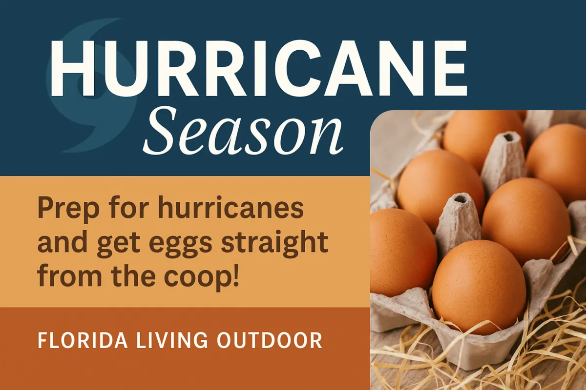 A rectangular hurricane season preparedness graphic featuring the text “Hurricane Season” in bold white on a deep blue background, “Prep for hurricanes and get eggs straight from the coop!” in dark brown on an orange background, and “Florida Living Outdoor” in white on a rust-red bar, alongside a close-up photo of brown eggs in a cardboard carton with straw.