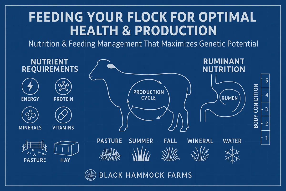 Blueprint-style infographic titled “Feeding Your Flock for Optimal Health & Production – Nutrition & Feeding Management That Maximizes Genetic Potential.” A sheep outline is shown with a production cycle diagram inside, alongside icons for nutrient requirements (energy, protein, minerals, vitamins), pasture, hay, rumen digestion, body condition scoring scale, seasonal pasture stages (summer, fall, winter), and water. Black Hammock Farms logo appears at the bottom.