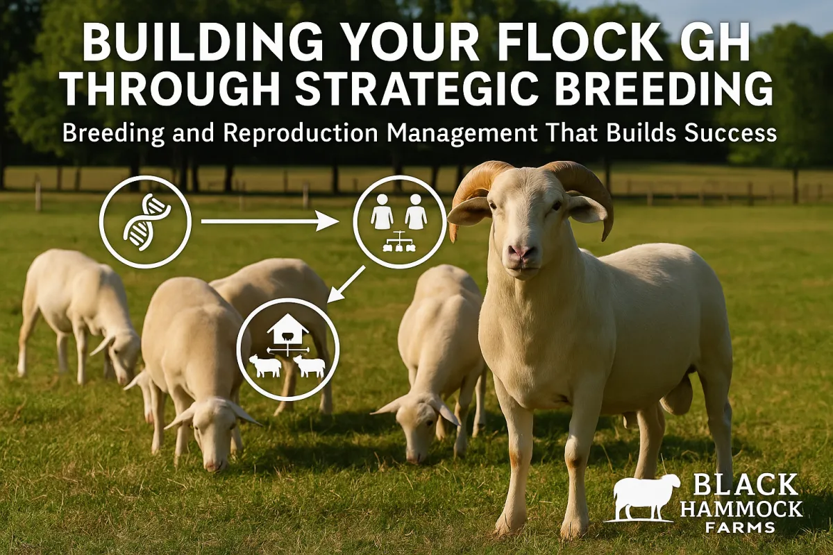 A Katahdin ram stands alert in a sunny pasture surrounded by grazing ewes, symbolizing strategic breeding. Overlay icons show DNA, breeding pairs, and flock management. Text reads: “Building Your Flock Through Strategic Breeding – Breeding and Reproduction Management That Builds Success.” Black Hammock Farms logo appears in the bottom right corner.