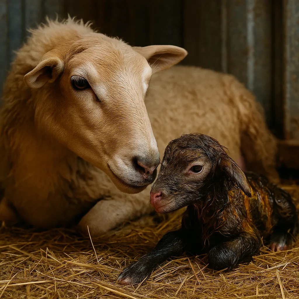 A ewe rests on straw inside a barn, gently nuzzling her newborn lamb, still damp from birth. The lamb lies close beside her, symbolizing the start of life and the importance of pregnancy and lambing management for flock success.