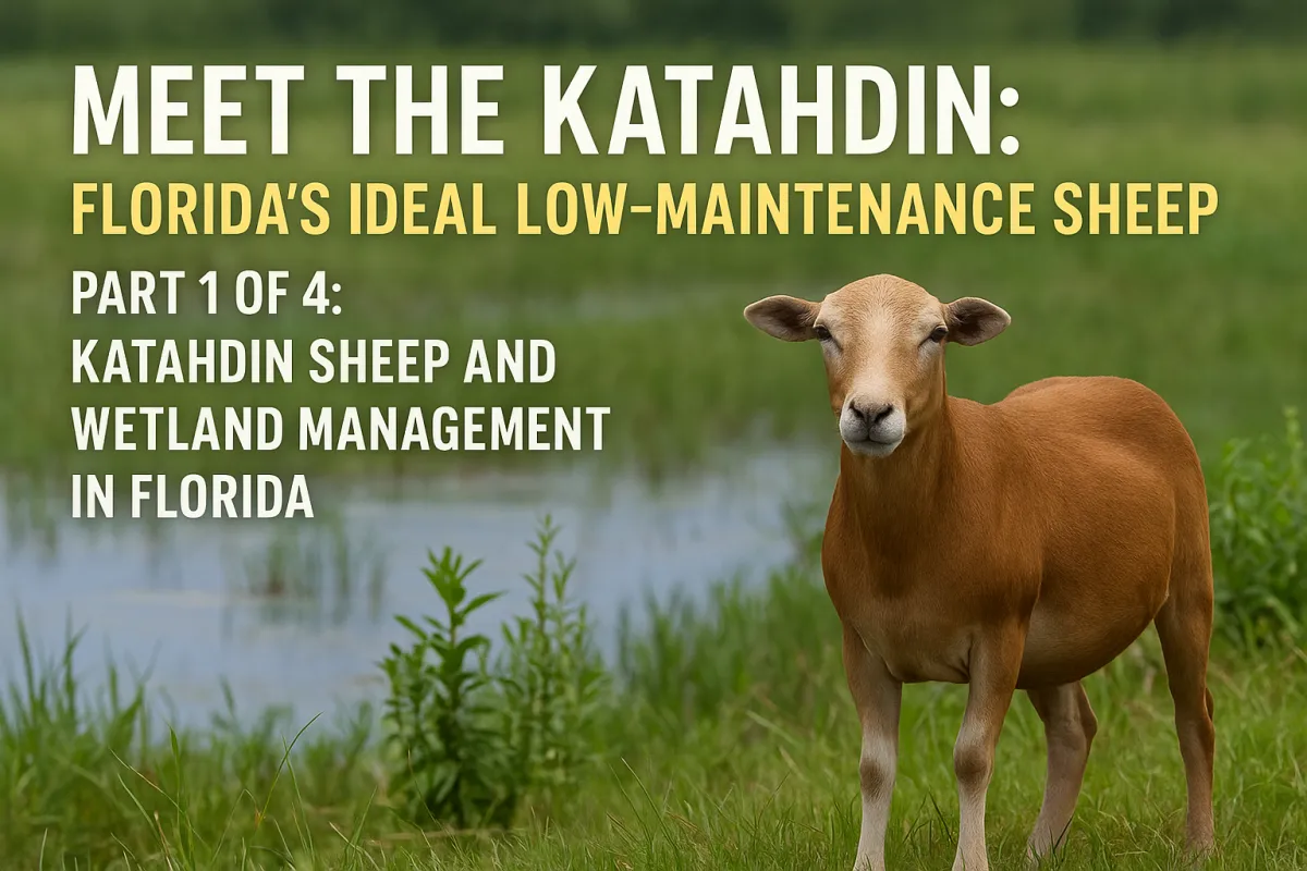 A Katahdin hair sheep stands in a lush Florida wetland with tall green grasses and calm water in the background. The sheep’s short, smooth coat reflects its heat-tolerant nature. Bold white and yellow text reads: ‘Meet the Katahdin: Florida’s Ideal Low-Maintenance Sheep — Part 1 of 4: Katahdin Sheep and Wetland Management in Florida.’