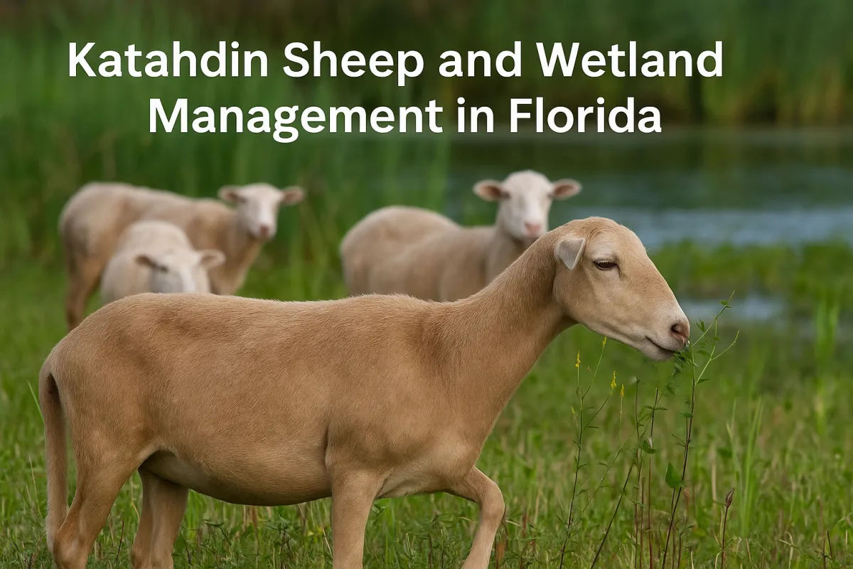 A small flock of Katahdin hair sheep graze near a calm wetland in Florida. The foreground ewe feeds on green vegetation while others graze behind her beside reflective water and tall grasses. The image conveys harmony between livestock and nature, illustrating sustainable wetland management.